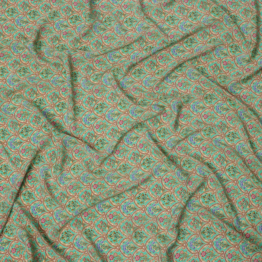 Mint Green Ethnic Motif Printed Premium Pure Silk Crepe Fabric with Intricate Paisley and Floral Design, 110 cms Width, Made in India-D26325
