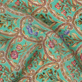 Mint Green Ethnic Motif Printed Premium Pure Silk Crepe Fabric with Intricate Paisley and Floral Design, 110 cms Width, Made in India-D26325
