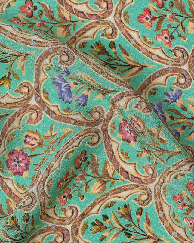 Mint Green Ethnic Motif Printed Premium Pure Silk Crepe Fabric with Intricate Paisley and Floral Design, 110 cms Width, Made in India-D26325