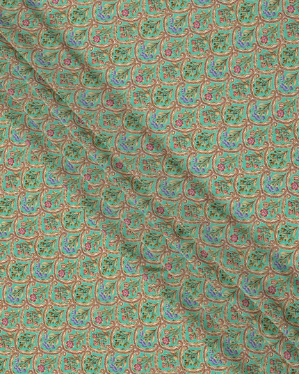 Mint Green Ethnic Motif Printed Premium Pure Silk Crepe Fabric with Intricate Paisley and Floral Design, 110 cms Width, Made in India-D26325