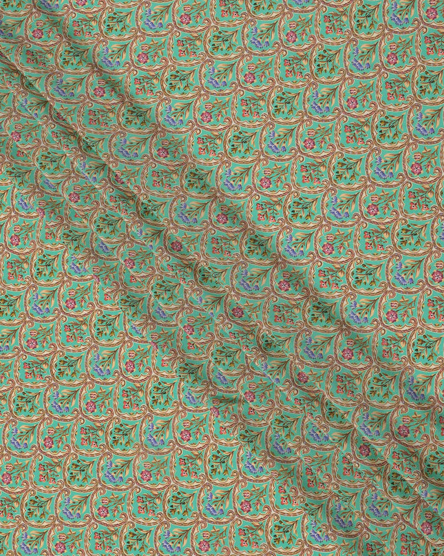 Mint Green Ethnic Motif Printed Premium Pure Silk Crepe Fabric with Intricate Paisley and Floral Design, 110 cms Width, Made in India-D26325