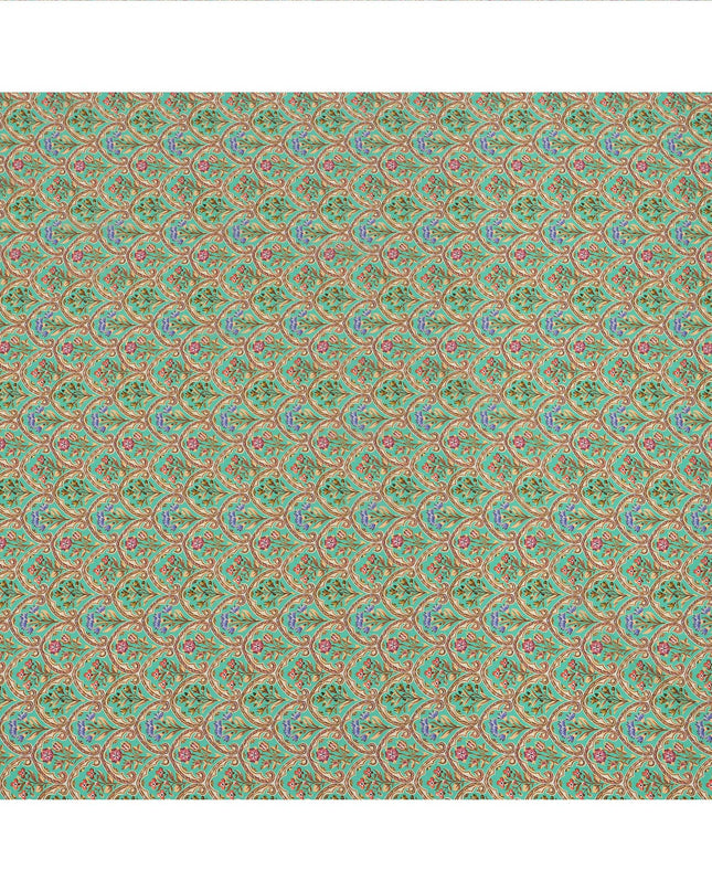 Mint Green Ethnic Motif Printed Premium Pure Silk Crepe Fabric with Intricate Paisley and Floral Design, 110 cms Width, Made in India-D26325
