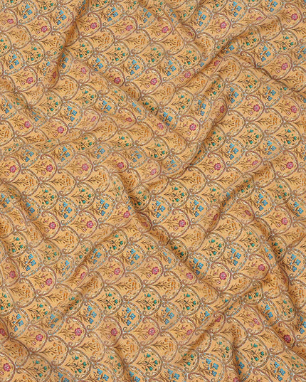 Light Orange Multicolor Mughal Motif Printed Premium Pure Silk Crepe Fabric with Ornamental Floral Design, 110 cms Width, Made in India-D26330