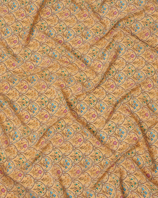 Light Orange Multicolor Mughal Motif Printed Premium Pure Silk Crepe Fabric with Ornamental Floral Design, 110 cms Width, Made in India-D26330