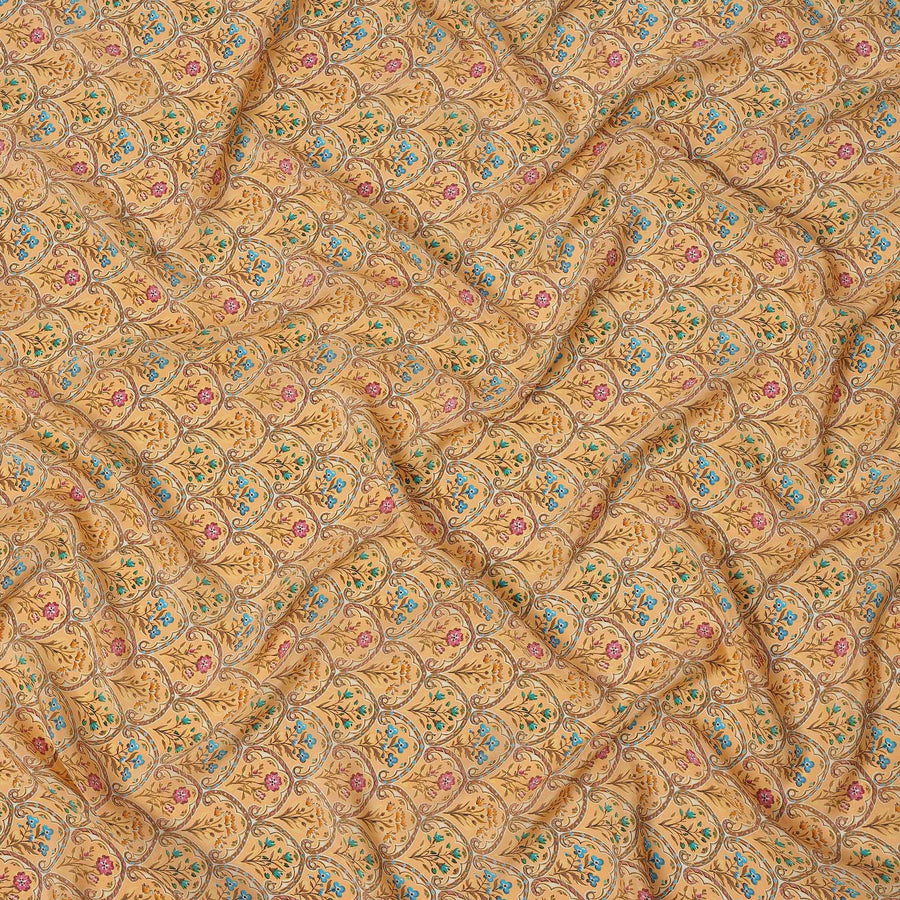 Light Orange Multicolor Mughal Motif Printed Premium Pure Silk Crepe Fabric with Ornamental Floral Design, 110 cms Width, Made in India-D26330