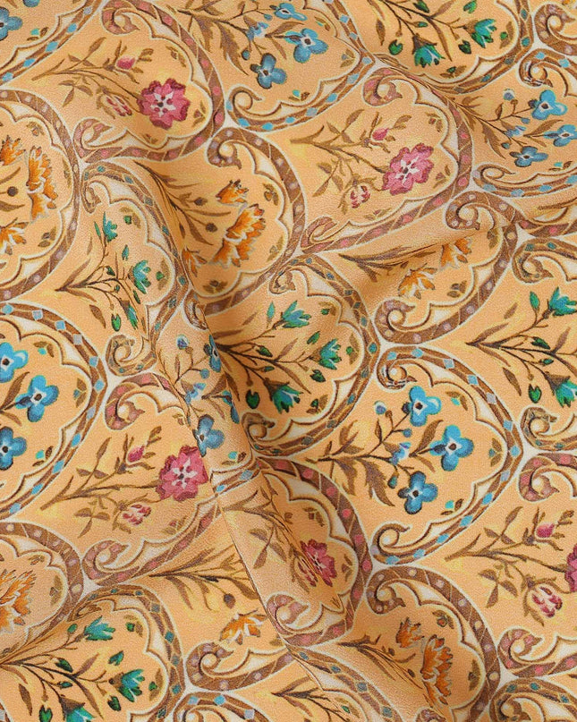Light Orange Multicolor Mughal Motif Printed Premium Pure Silk Crepe Fabric with Ornamental Floral Design, 110 cms Width, Made in India-D26330