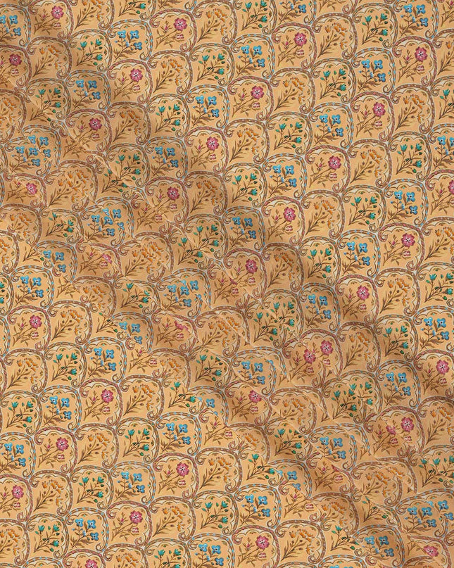Light Orange Multicolor Mughal Motif Printed Premium Pure Silk Crepe Fabric with Ornamental Floral Design, 110 cms Width, Made in India-D26330
