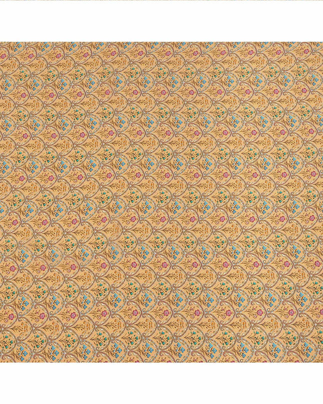 Light Orange Multicolor Mughal Motif Printed Premium Pure Silk Crepe Fabric with Ornamental Floral Design, 110 cms Width, Made in India-D26330