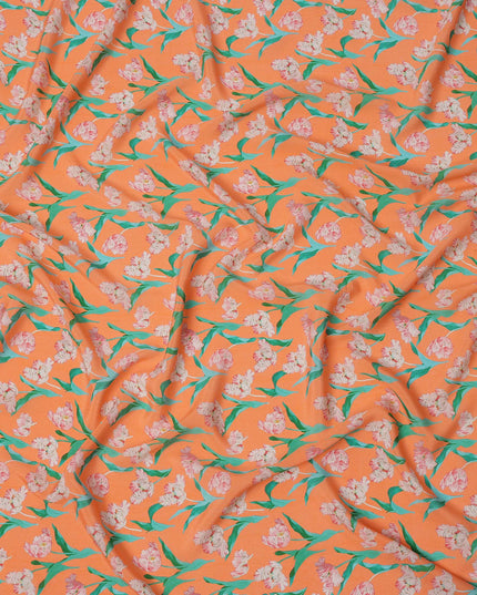 Orange Floral Printed Premium Pure Silk Crepe Fabric with Pink Blossom and Green Leaf Design, 110 cms Width, Made in India-D26320
