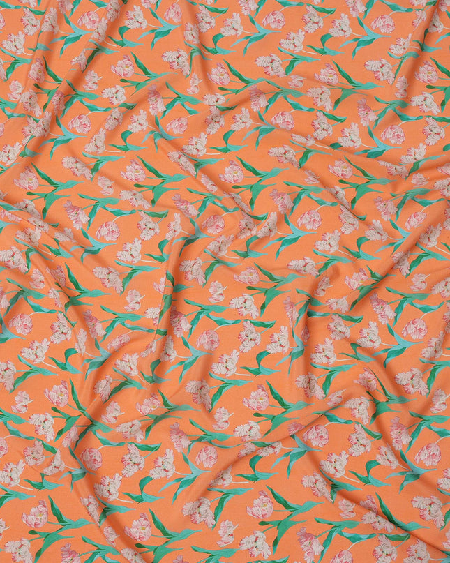 Orange Floral Printed Premium Pure Silk Crepe Fabric with Pink Blossom and Green Leaf Design, 110 cms Width, Made in India-D26320