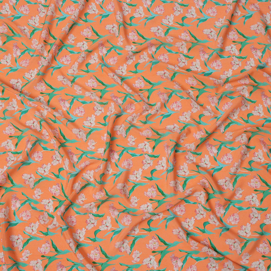 Orange Floral Printed Premium Pure Silk Crepe Fabric with Pink Blossom and Green Leaf Design, 110 cms Width, Made in India-D26320