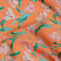 Orange Floral Printed Premium Pure Silk Crepe Fabric with Pink Blossom and Green Leaf Design, 110 cms Width, Made in India-D26320