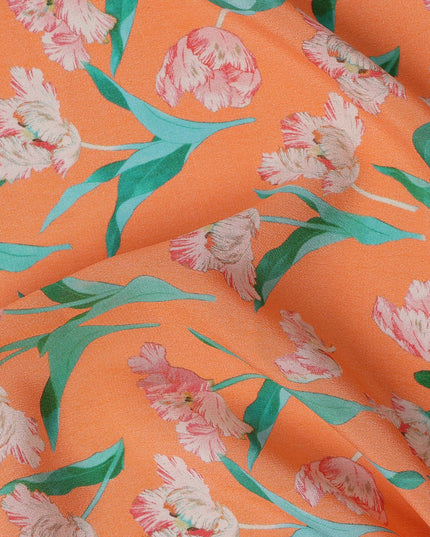 Orange Floral Printed Premium Pure Silk Crepe Fabric with Pink Blossom and Green Leaf Design, 110 cms Width, Made in India-D26320