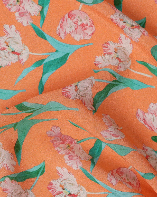 Orange Floral Printed Premium Pure Silk Crepe Fabric with Pink Blossom and Green Leaf Design, 110 cms Width, Made in India-D26320