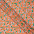 Orange Floral Printed Premium Pure Silk Crepe Fabric with Pink Blossom and Green Leaf Design, 110 cms Width, Made in India-D26320