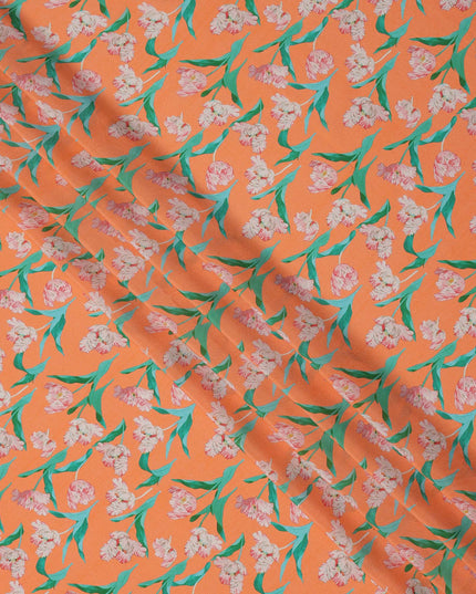 Orange Floral Printed Premium Pure Silk Crepe Fabric with Pink Blossom and Green Leaf Design, 110 cms Width, Made in India-D26320