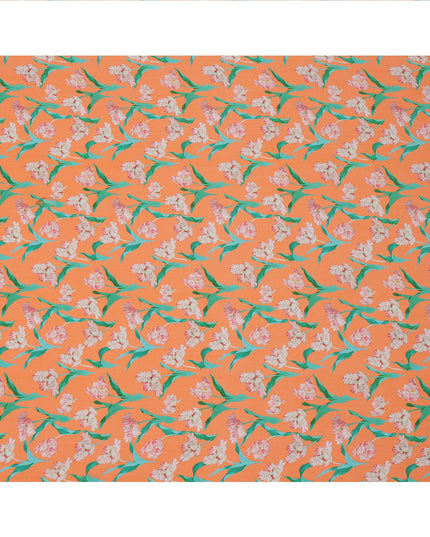 Orange Floral Printed Premium Pure Silk Crepe Fabric with Pink Blossom and Green Leaf Design, 110 cms Width, Made in India-D26320