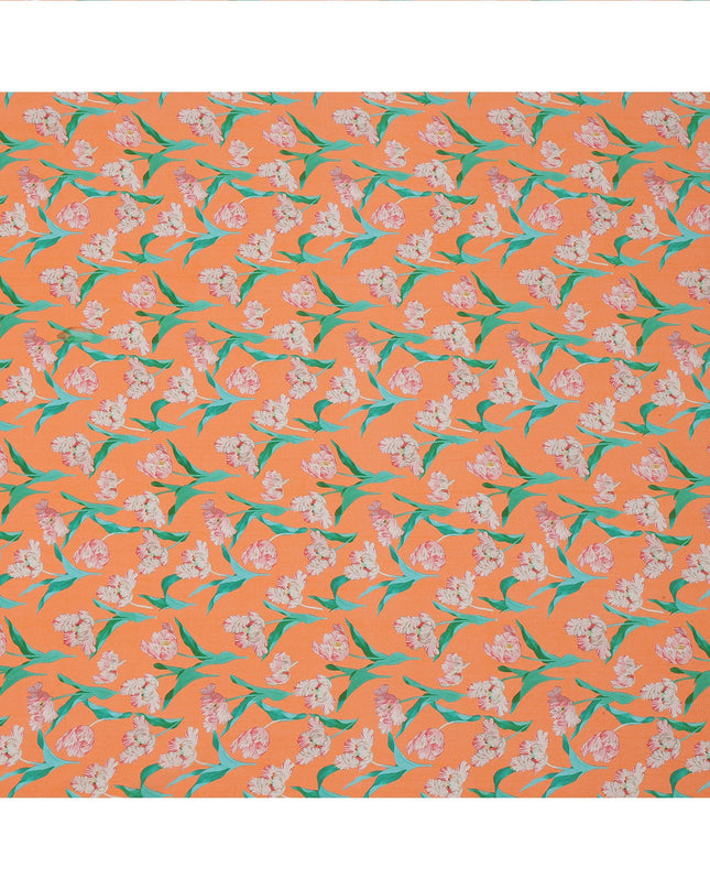 Orange Floral Printed Premium Pure Silk Crepe Fabric with Pink Blossom and Green Leaf Design, 110 cms Width, Made in India-D26320