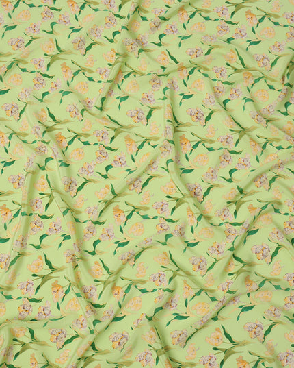 Lime Green Floral Printed Premium Pure Silk Crepe Fabric with Yellow Blossom and Leaf Design, 110 cms Width, Made in India-D26321