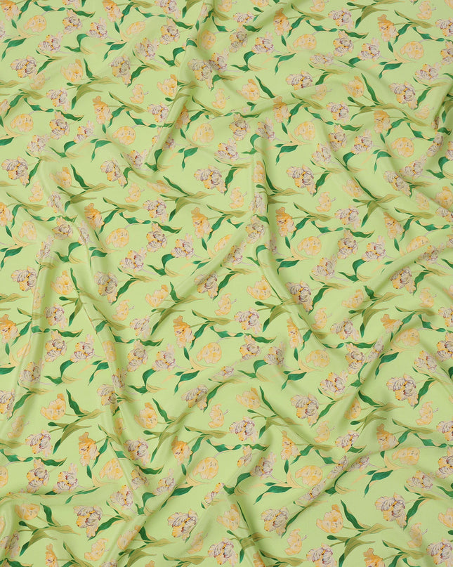Lime Green Floral Printed Premium Pure Silk Crepe Fabric with Yellow Blossom and Leaf Design, 110 cms Width, Made in India-D26321