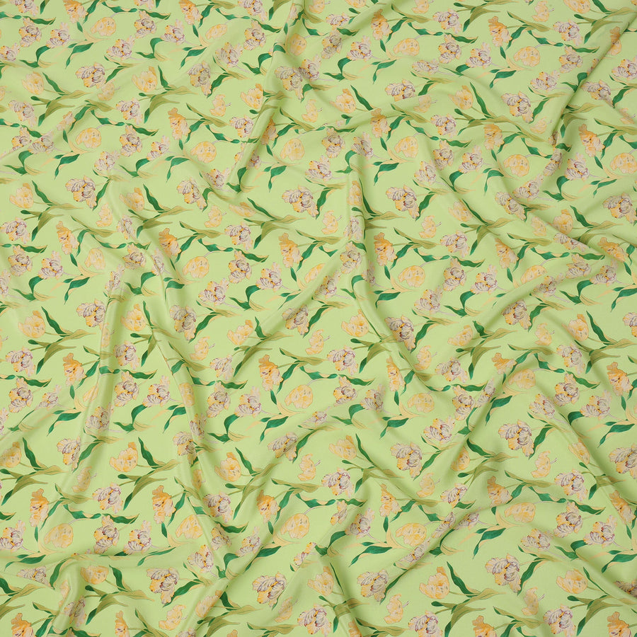 Lime Green Floral Printed Premium Pure Silk Crepe Fabric with Yellow Blossom and Leaf Design, 110 cms Width, Made in India-D26321
