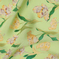 Lime Green Floral Printed Premium Pure Silk Crepe Fabric with Yellow Blossom and Leaf Design, 110 cms Width, Made in India-D26321