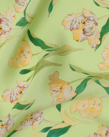 Lime Green Floral Printed Premium Pure Silk Crepe Fabric with Yellow Blossom and Leaf Design, 110 cms Width, Made in India-D26321