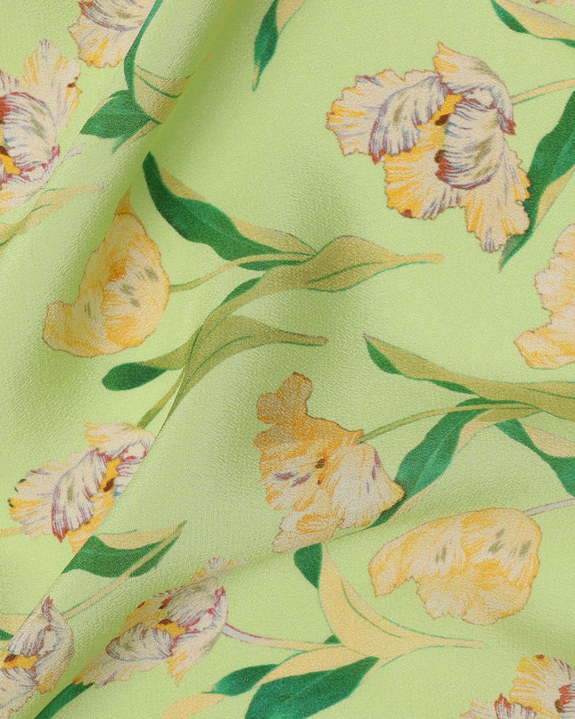 Lime Green Floral Printed Premium Pure Silk Crepe Fabric with Yellow Blossom and Leaf Design, 110 cms Width, Made in India-D26321
