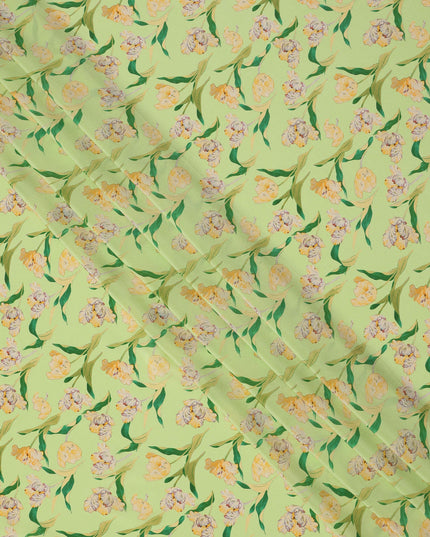 Lime Green Floral Printed Premium Pure Silk Crepe Fabric with Yellow Blossom and Leaf Design, 110 cms Width, Made in India-D26321