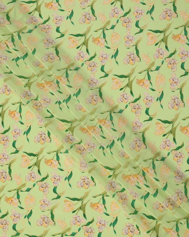 Lime Green Floral Printed Premium Pure Silk Crepe Fabric with Yellow Blossom and Leaf Design, 110 cms Width, Made in India-D26321