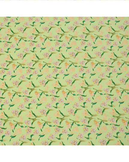 Lime Green Floral Printed Premium Pure Silk Crepe Fabric with Yellow Blossom and Leaf Design, 110 cms Width, Made in India-D26321