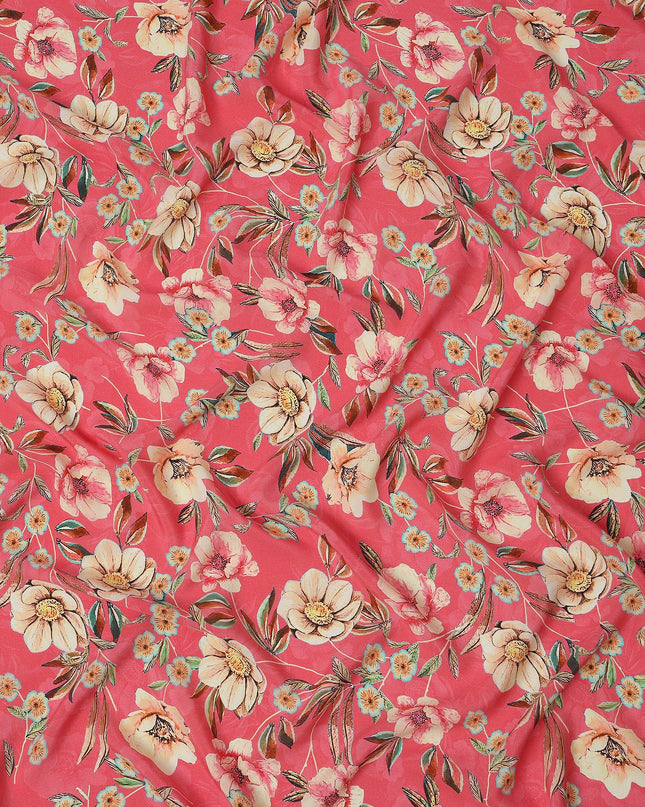 Coral Pink Floral Printed Premium Pure Silk Crepe Fabric with Artistic Botanical Design, 110 cms Width, Made in India-D26332