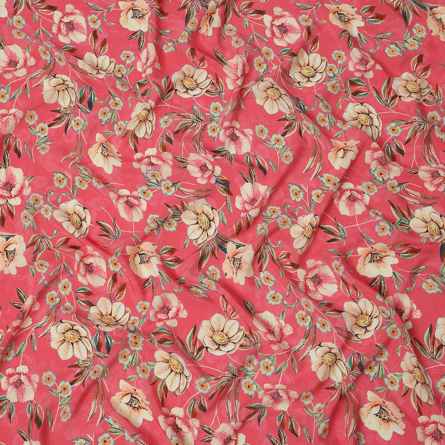 Coral Pink Floral Printed Premium Pure Silk Crepe Fabric with Artistic Botanical Design, 110 cms Width, Made in India-D26332