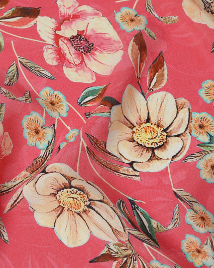 Coral Pink Floral Printed Premium Pure Silk Crepe Fabric with Artistic Botanical Design, 110 cms Width, Made in India-D26332
