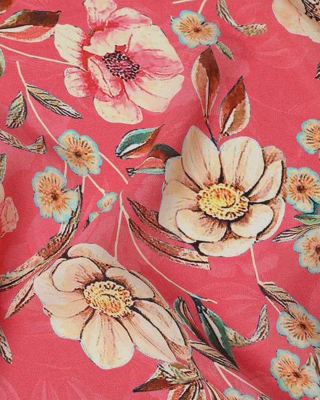 Coral Pink Floral Printed Premium Pure Silk Crepe Fabric with Artistic Botanical Design, 110 cms Width, Made in India-D26332