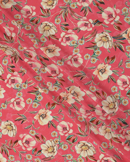 Coral Pink Floral Printed Premium Pure Silk Crepe Fabric with Artistic Botanical Design, 110 cms Width, Made in India-D26332