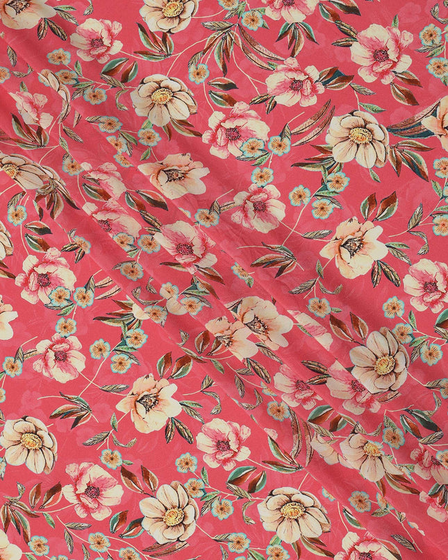 Coral Pink Floral Printed Premium Pure Silk Crepe Fabric with Artistic Botanical Design, 110 cms Width, Made in India-D26332