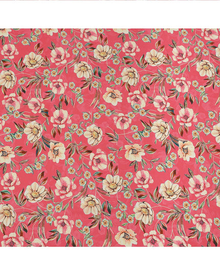 Coral Pink Floral Printed Premium Pure Silk Crepe Fabric with Artistic Botanical Design, 110 cms Width, Made in India-D26332