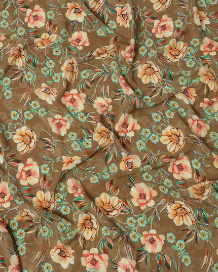 Brown Beige Floral Printed Premium Pure Silk Crepe Fabric with Artistic Botanical Design, 110 cms Width, Made in India-D26333