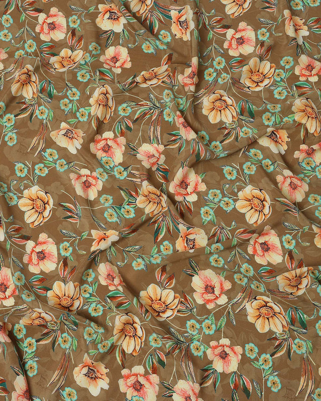 Brown Beige Floral Printed Premium Pure Silk Crepe Fabric with Artistic Botanical Design, 110 cms Width, Made in India-D26333