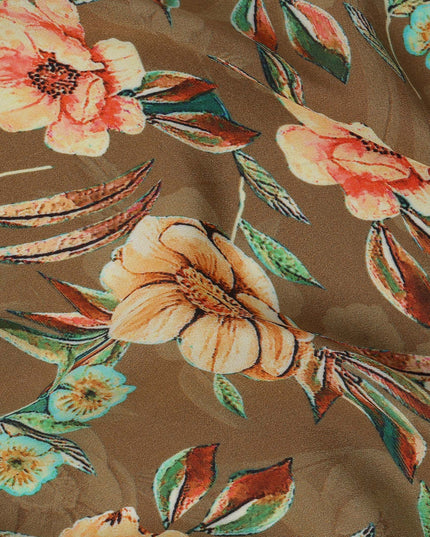 Brown Beige Floral Printed Premium Pure Silk Crepe Fabric with Artistic Botanical Design, 110 cms Width, Made in India-D26333