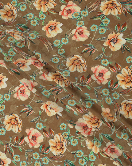 Brown Beige Floral Printed Premium Pure Silk Crepe Fabric with Artistic Botanical Design, 110 cms Width, Made in India-D26333
