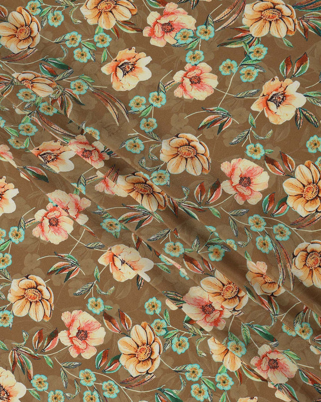 Brown Beige Floral Printed Premium Pure Silk Crepe Fabric with Artistic Botanical Design, 110 cms Width, Made in India-D26333