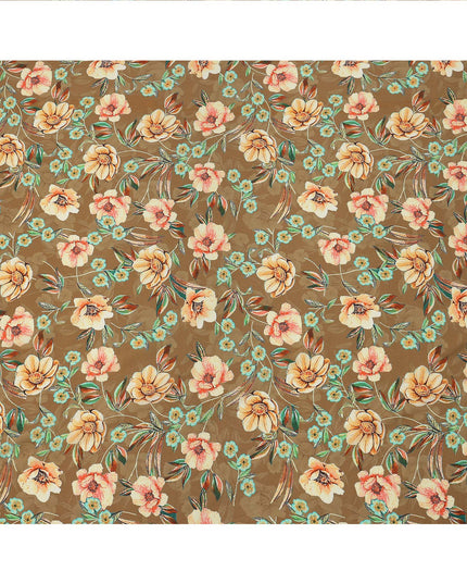 Brown Beige Floral Printed Premium Pure Silk Crepe Fabric with Artistic Botanical Design, 110 cms Width, Made in India-D26333