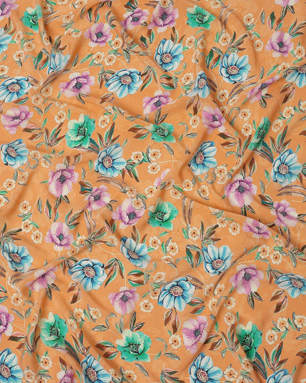 Peach Multicolor Floral Printed Premium Pure Silk Crepe Fabric with Botanical Bloom Design, 110 cms Width, Made in India-D26327