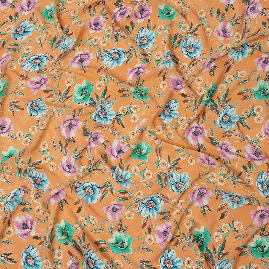 Peach Multicolor Floral Printed Premium Pure Silk Crepe Fabric with Botanical Bloom Design, 110 cms Width, Made in India-D26327