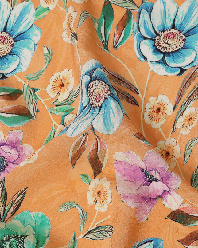 Peach Multicolor Floral Printed Premium Pure Silk Crepe Fabric with Botanical Bloom Design, 110 cms Width, Made in India-D26327