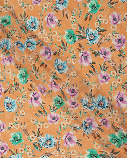 Peach Multicolor Floral Printed Premium Pure Silk Crepe Fabric with Botanical Bloom Design, 110 cms Width, Made in India-D26327