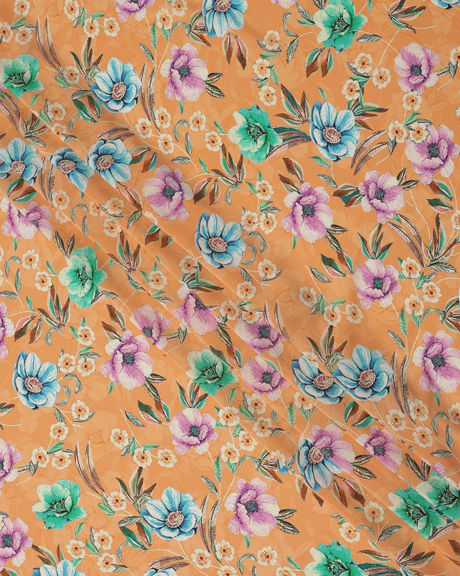 Peach Multicolor Floral Printed Premium Pure Silk Crepe Fabric with Botanical Bloom Design, 110 cms Width, Made in India-D26327