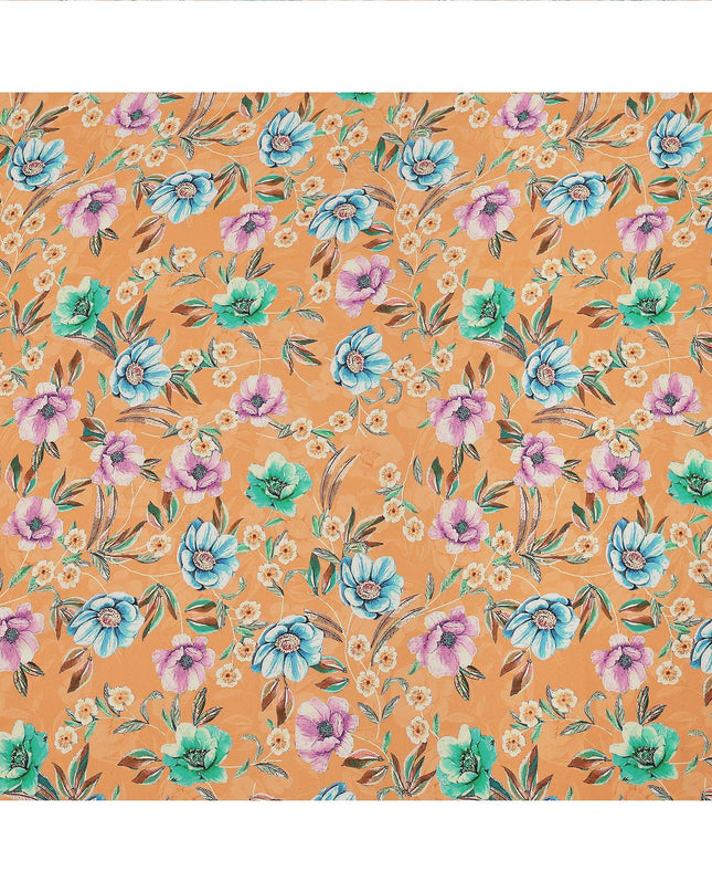 Peach Multicolor Floral Printed Premium Pure Silk Crepe Fabric with Botanical Bloom Design, 110 cms Width, Made in India-D26327
